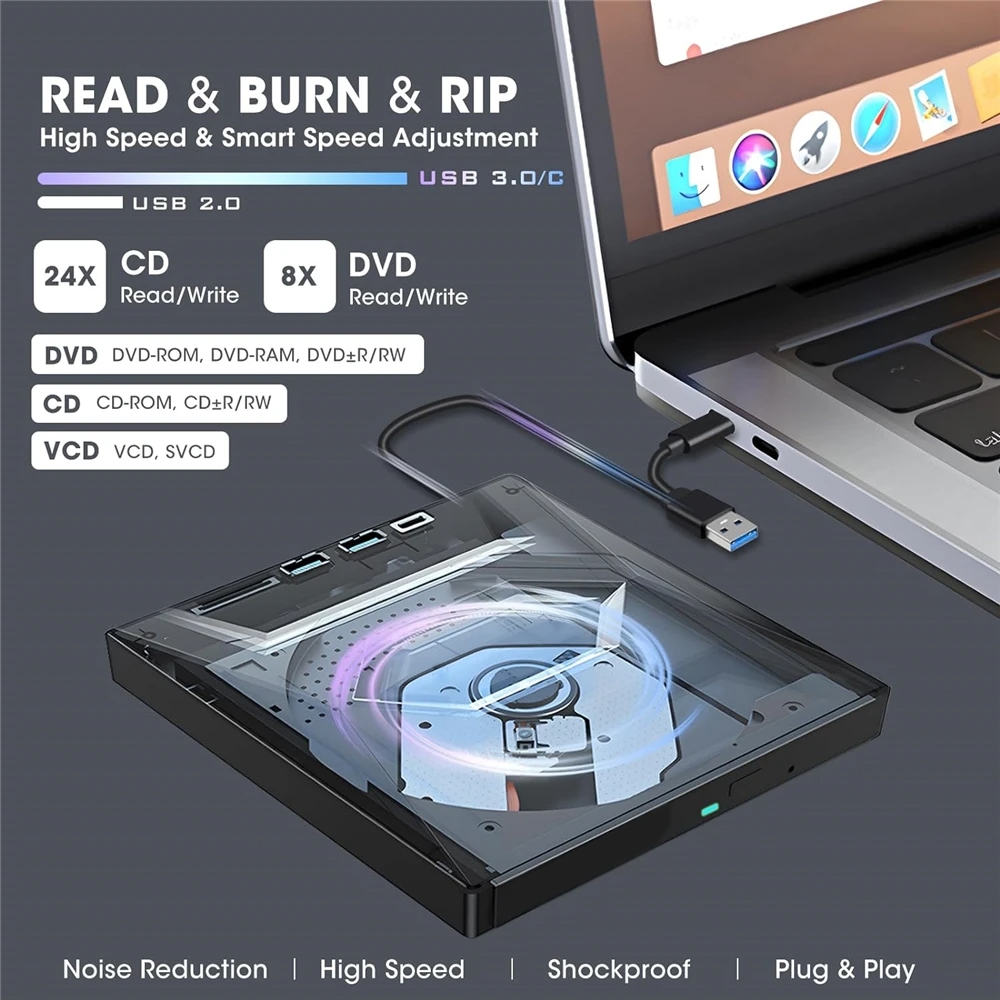 USB 3.0 External CD DVD Burner and Reader for PC Laptop